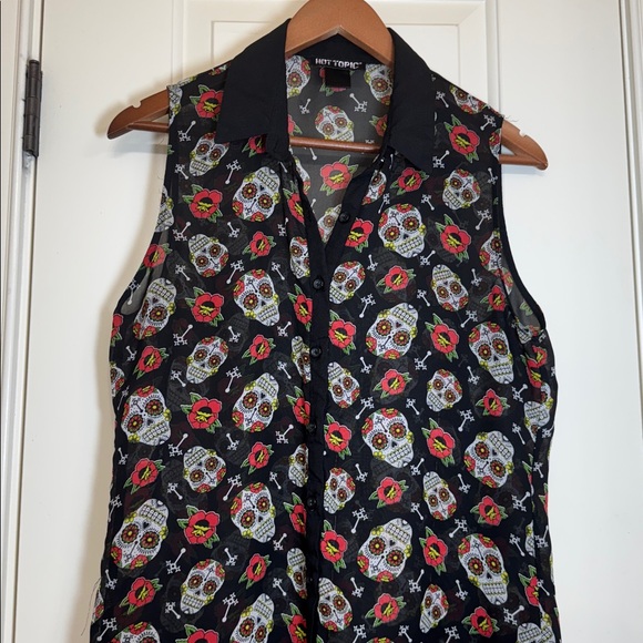 Hot Topic Sheer Skull & Rose Print Button-Front Blouse – Lightweight Gothic Top - Picture 1 of 4